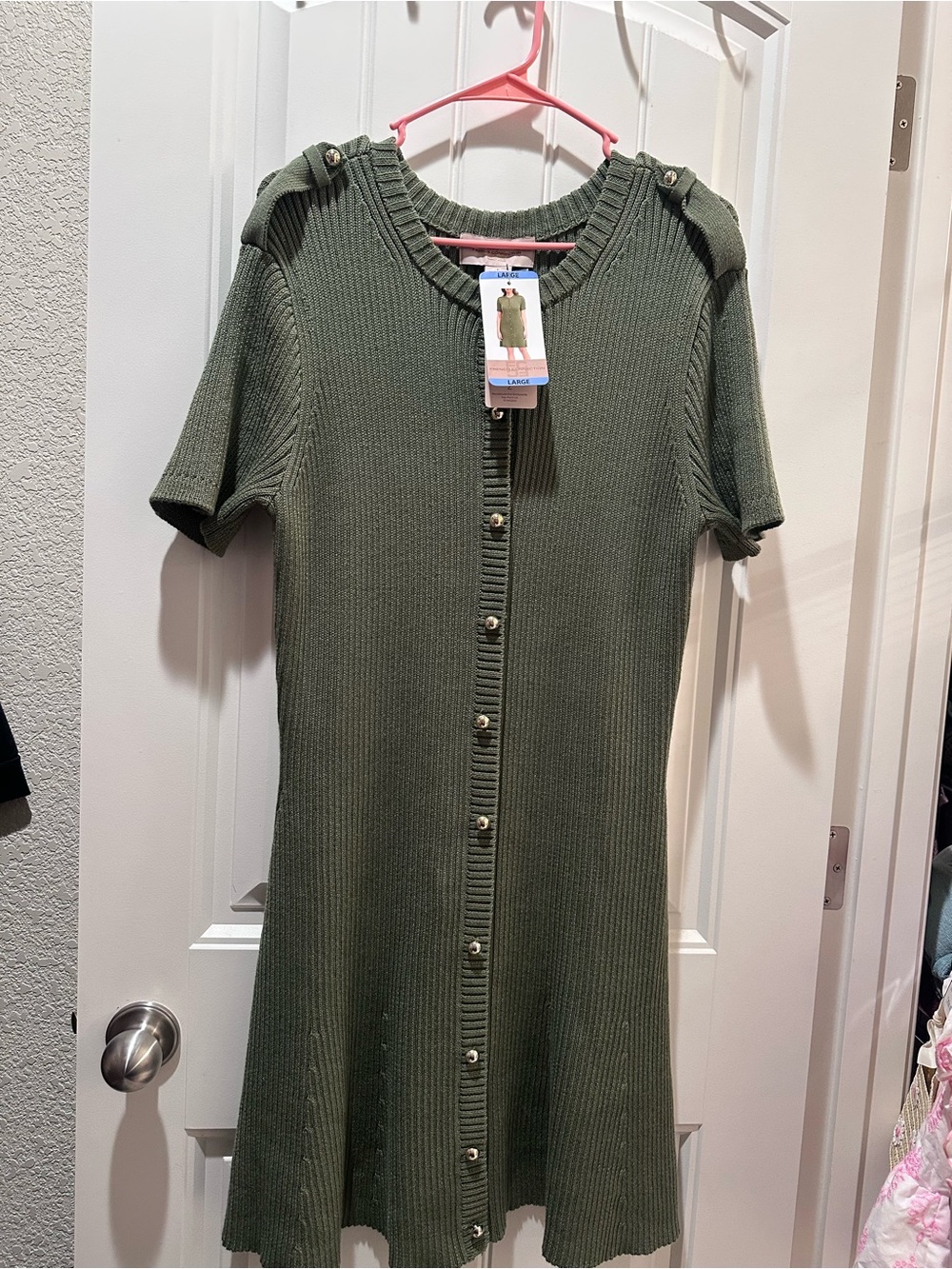 French Connection Olive Green Ribbed Button-Front Midi Dress